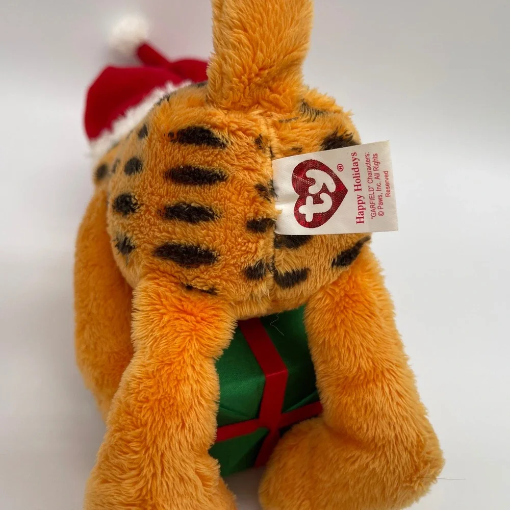 Ty Beanie Babies Garfield Christmas Plush Santa Hat Green Gift Box Holiday 8